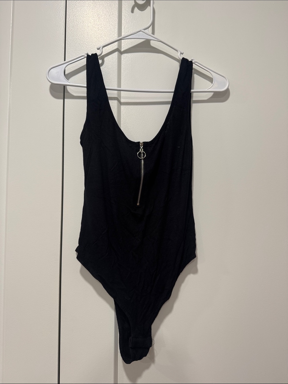Black Ribbed Zip-Front Bodysuit